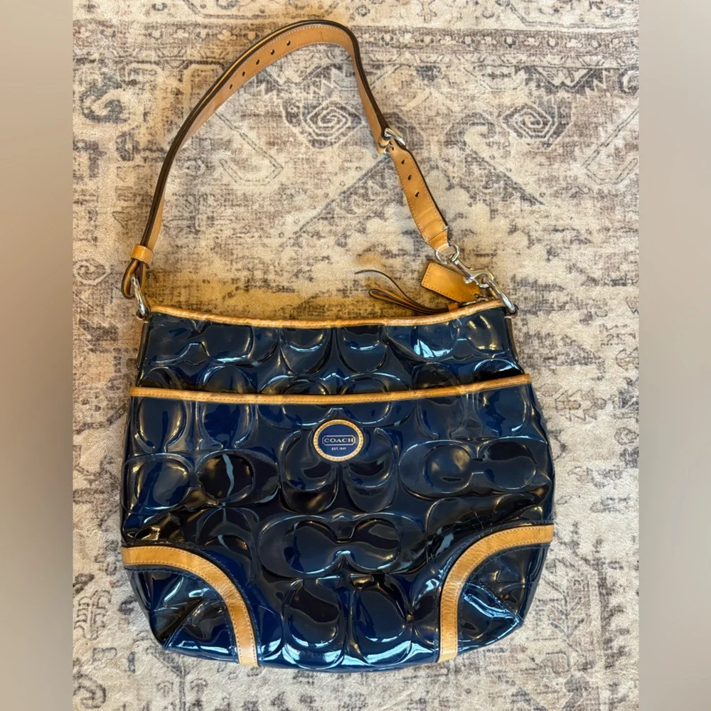 Coach Glossy Blue and Tan Shoulder Bag - Picture 1 of 6